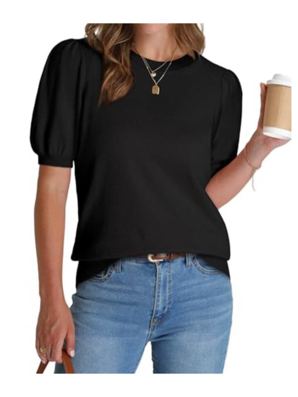 Puff Short Sleeve Knit Sweater Top Women Ribbed Hem Pullover